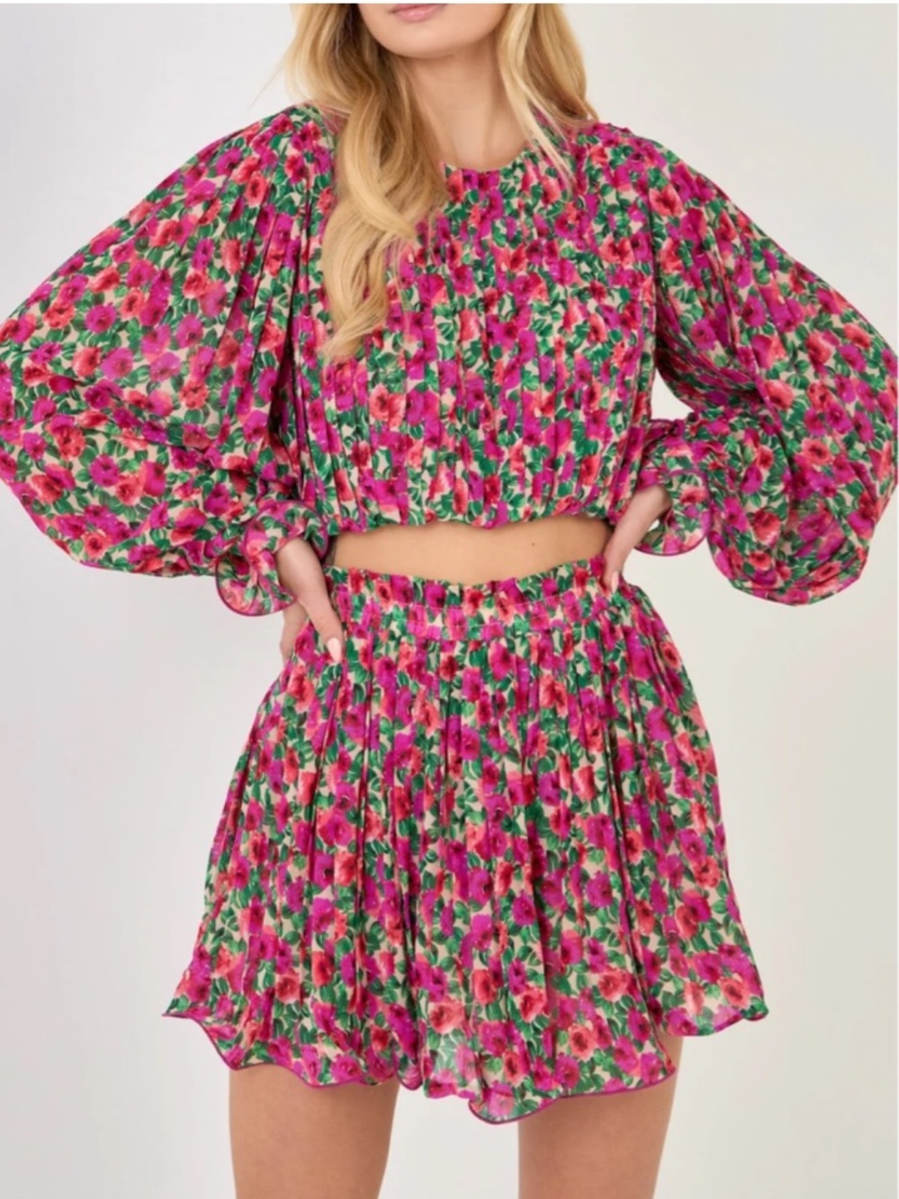 Endless rose floral chiffon pleated mini skirt crop top set size xs
